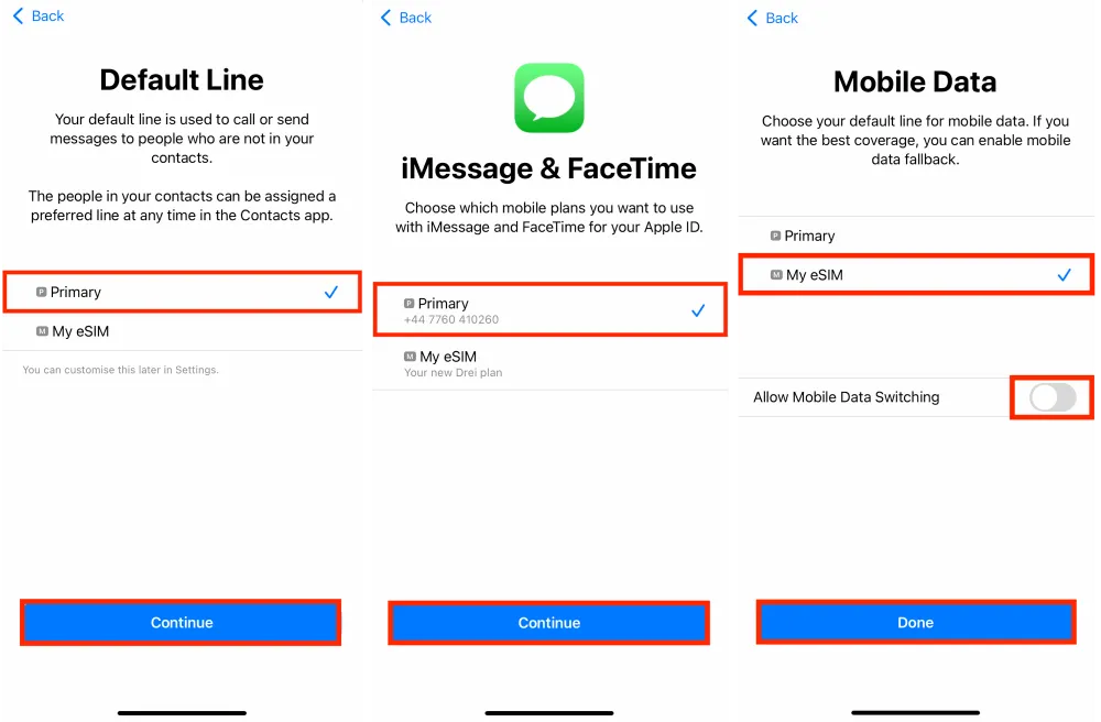 iPhone: Die Standardleitung ist immer deine primäre SIM, wenn du eine eSIM für Daten nutzt – denn eSIMs haben keine Telefonnummer